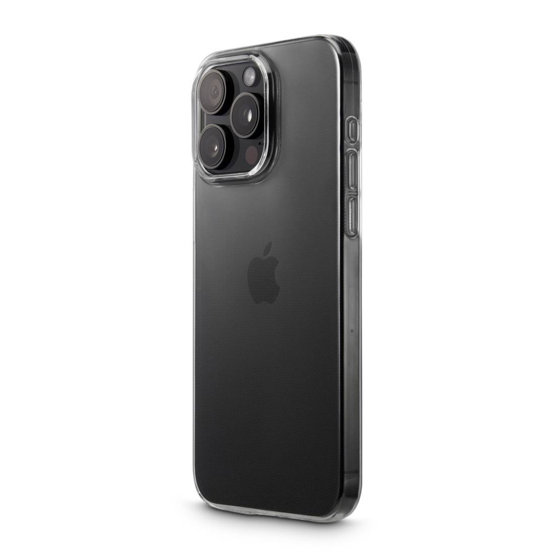 Ein Smartphone mit einer transparenten Schutzhülle, Rückansicht zeigt Kameramodule. Vorlage für Produktdarstellung.