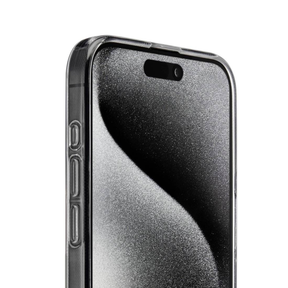 Ein Smartphone mit einer klaren Schutzhülle zeigt einen schwarzen, glänzenden Bildschirm.