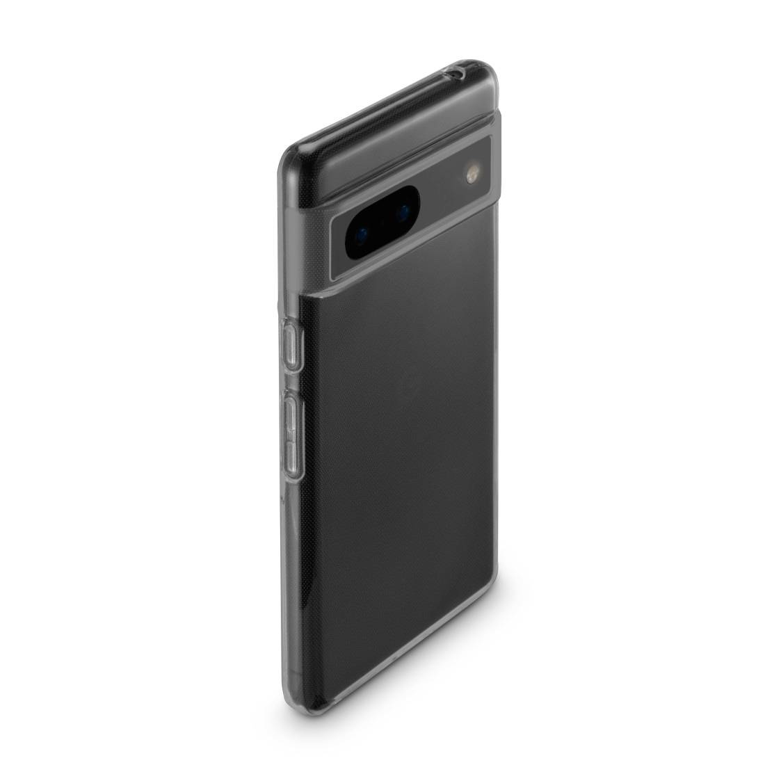 Ein schwarzes Smartphone mit Hülle, schräg von hinten gezeigt, sichtbare Kamera und seitliche Tasten.