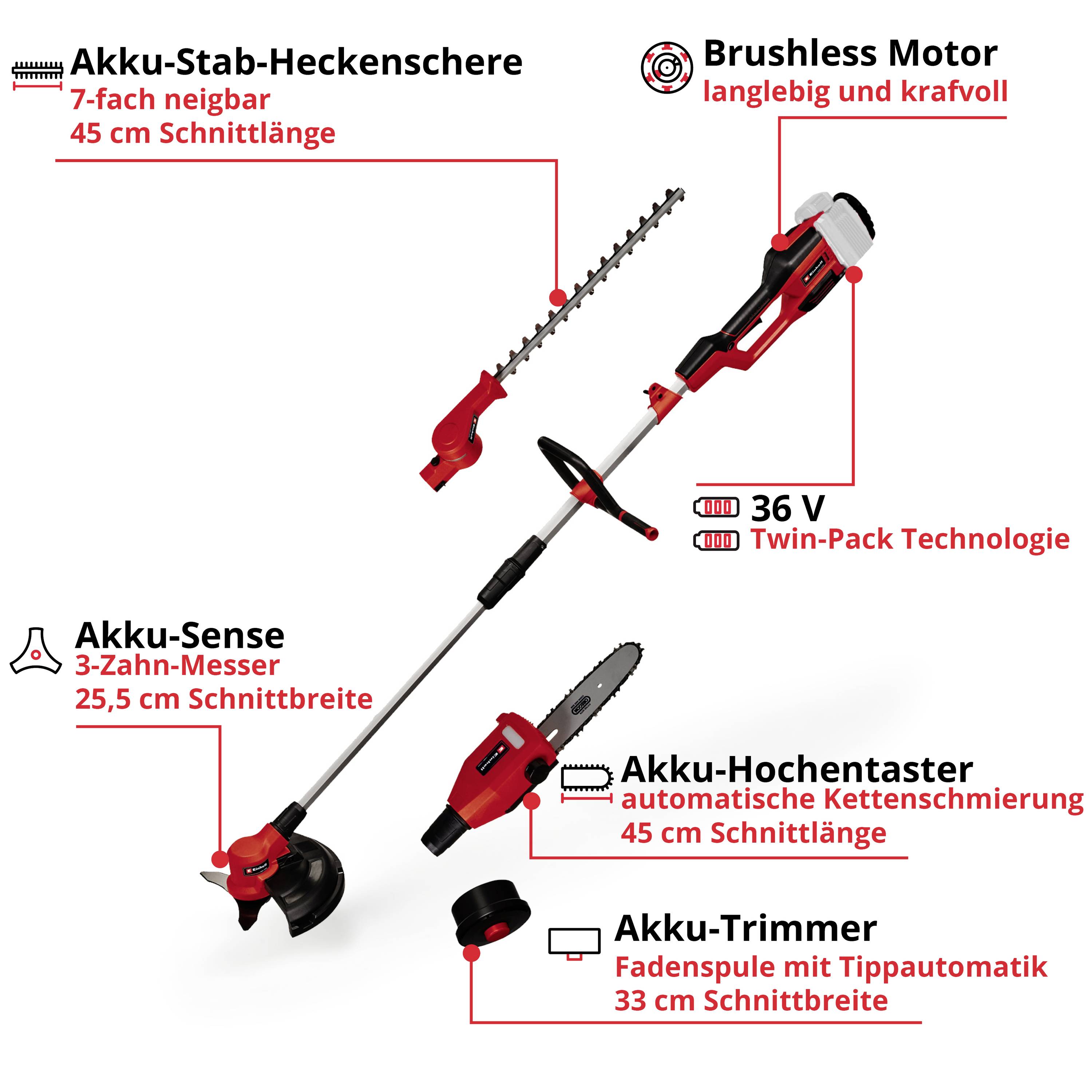 Akku-Gartengeräte: Heckenschere, Sense, Hochentaster und Trimmer mit 36 V Technologie. Wechselbare Aufsätze, leistungsstarker Brushless Motor.