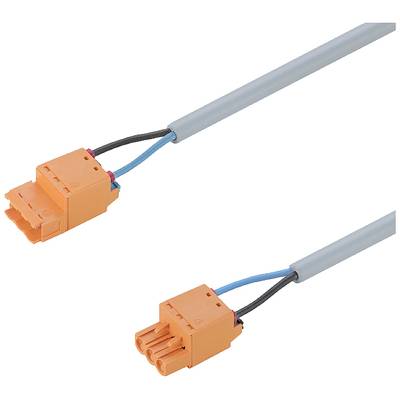 Zwei orangefarbene Elektronikstecker mit blauen und schwarzen Kabeln, verbunden durch ein graues Kabel.