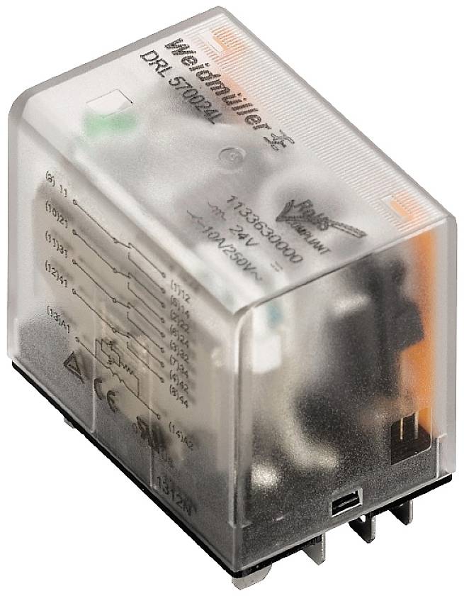 Abgebildet ist ein transparentes Elektromagnetisches Relais mit der Beschriftung 'Wehrle' und 'DRL S7024'.