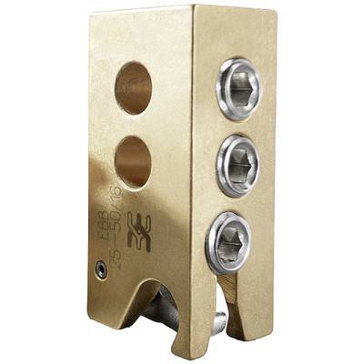 Ein bronzefarbenes mechanisches Bauteil mit drei Schrauben und zwei runden Öffnungen auf der Vorderseite.