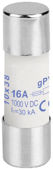 Sicherungseinsatz mit Aufschrift '16A 1000V DC'. Zylinderform, Metallkappen oben und unten. Typ gPV für Solarsysteme.