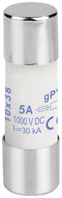 Ein zylindrischer Sicherungseinsatz mit Aufschrift '10x38', '5A', '1000 V DC', 'I1=30 kA', geeignet für Photovoltaiksysteme.