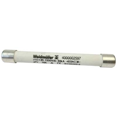Elektrische Sicherung der Marke Weidmüller, Beschriftung zeigt '1500Vdc, 50kA, 15A'.