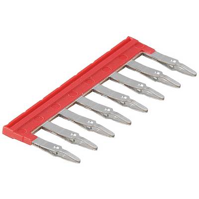 Ein roter Steckbrückenblock mit acht Metallpins, die zur Verbindung von elektrischen Kontakten in einem Anschlussblock verwendet werden.