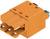 Orange elektrischer Steckverbinder, rechteckig, mit vier Kontaktpunkten. Geeignet für industrielle Anwendungen. Markenname aufgedruckt.