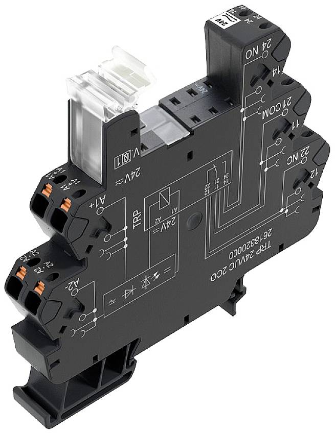 Schwarze elektronische Steuereinheit mit aufgedrucktem Schaltplan und Anschlussklemmen zur Integration in elektrische Anlagen.
