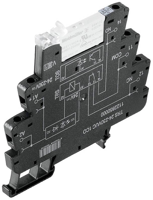 'Relaismodul mit schwarzem Gehäuse und weißen Aufschriften für Schalt- und Steuerungsanwendungen in elektrischen Systemen.'