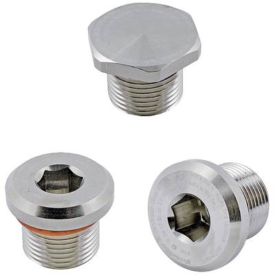 Drei silberne Metallstopfen unterschiedlicher Form und Größe, zeigen Gewinde und Oberflächendetails. Geeignet für industrielle Anwendungen.