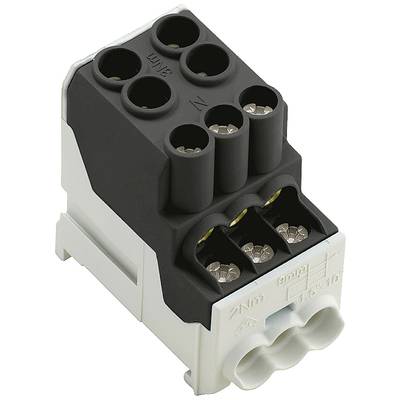 Schwarzer und weißer elektrischer Anschlussblock mit mehreren Eingangs- und Ausgangsöffnungen, geeignet für Kabelbefestigungen.