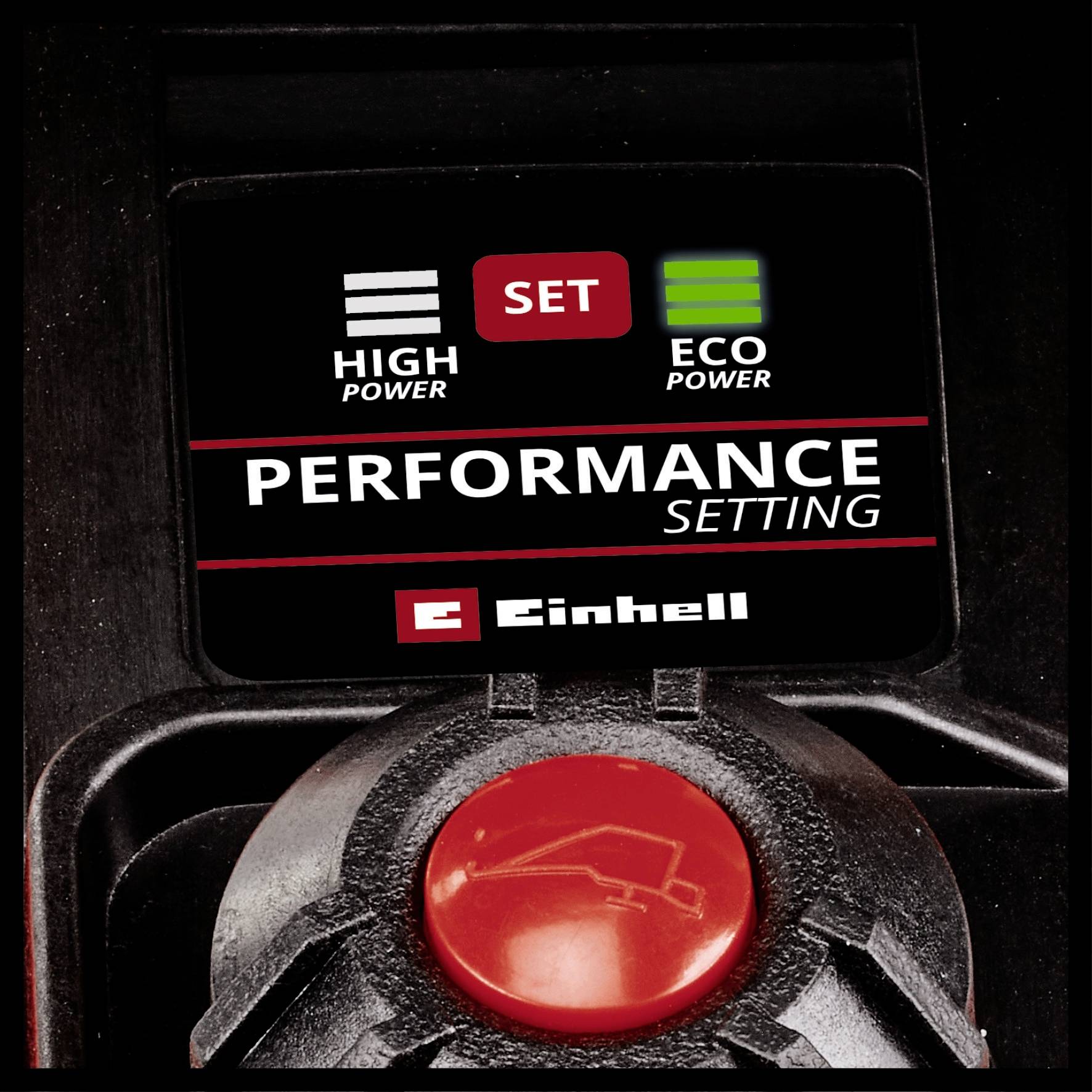 'Einhell Performance Setting', zeigt Optionen: 'High Power' und 'Eco Power', mit einem zentralen roten Knopf zur Auswahl.