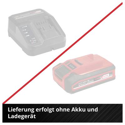 Grafik mit durchgestrichenen Akku und Ladegerät; Hinweis: 'Lieferung erfolgt ohne Akku und Ladegerät'.