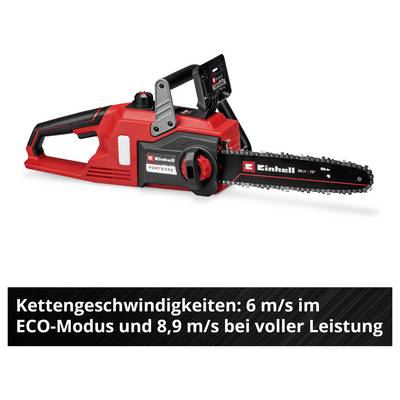 Rote Einhell-Akku-Kettensäge mit schwarzem Schwert; darunter der Hinweis: 'Kettengeschwindigkeiten: 6 m/s im ECO-Modus und 8,9 m/s bei voller Leistung'