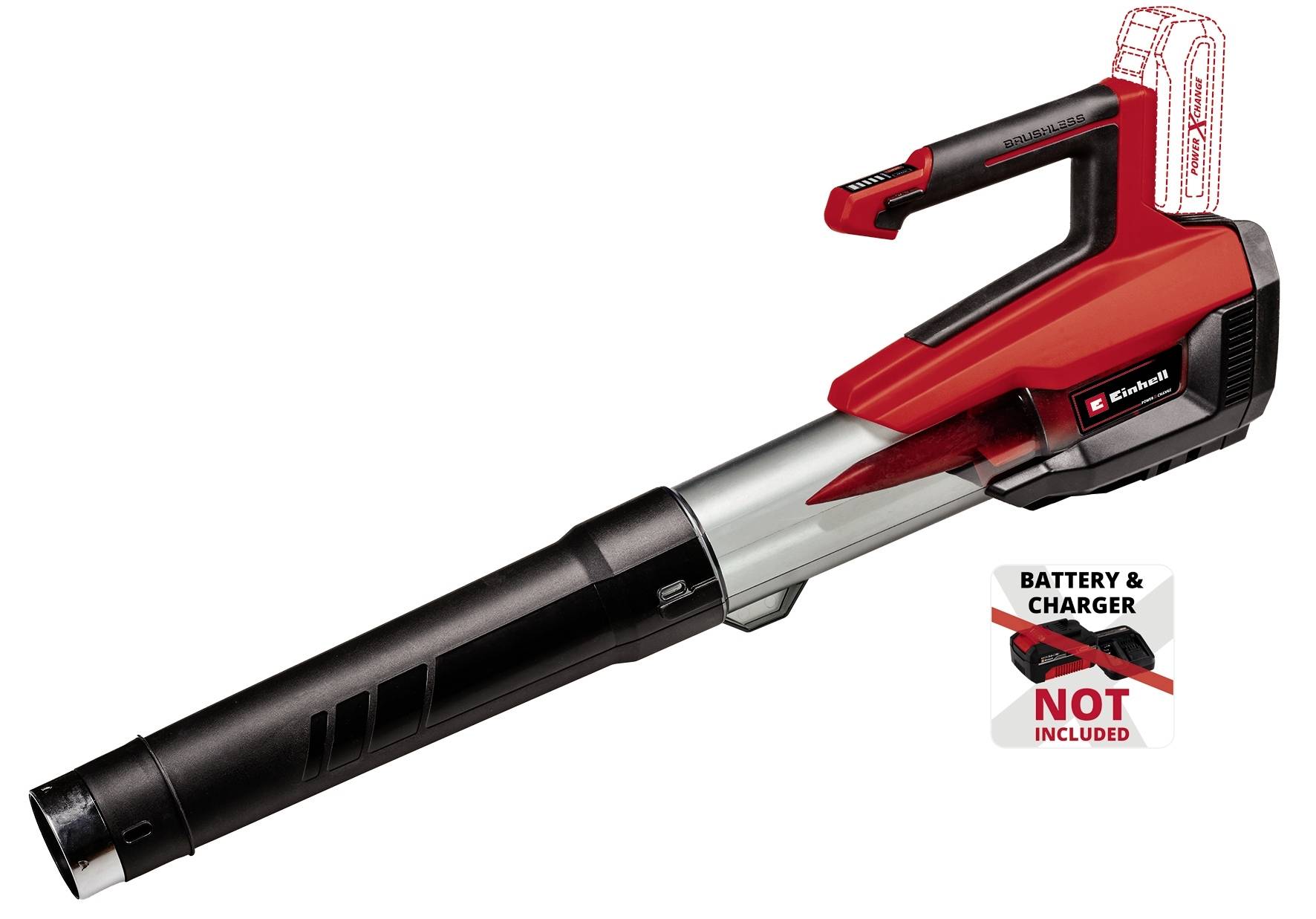 Ein rotes und schwarzes Laubgebläse mit einer Markierung 'Battery & Charger Not Included'. Modellname auf dem Gebläse ersichtlich.