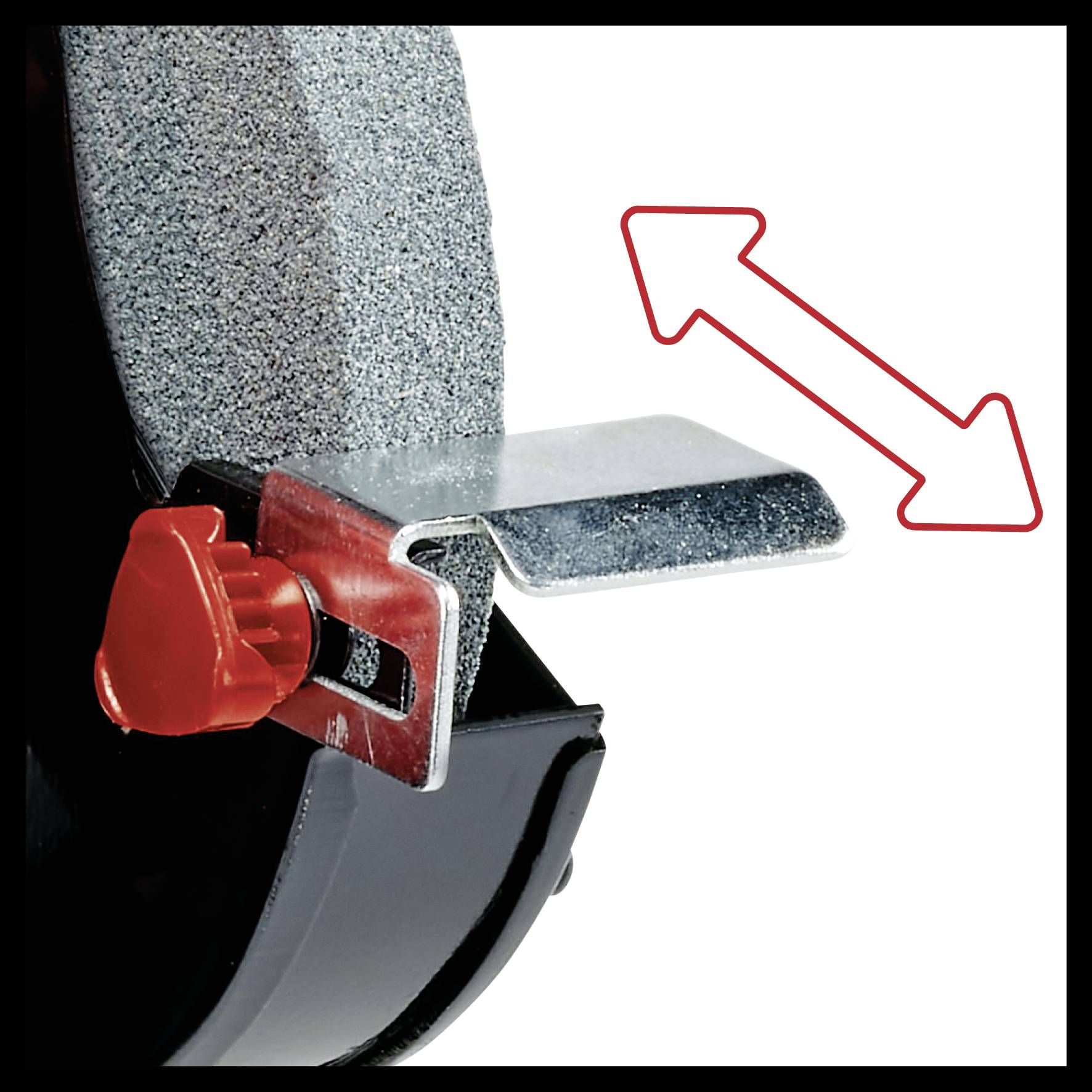 Ein Metallschleifer mit einem verstellbaren Führungshalter und rotem Einstellknopf, zeigt Richtung mit doppelseitigem Pfeil.