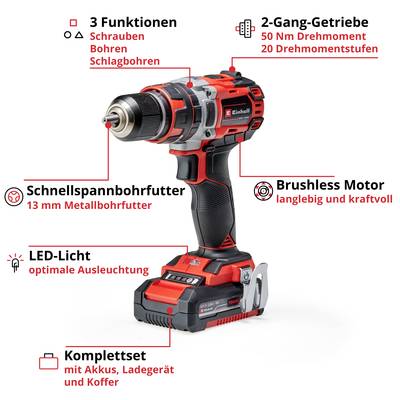 'Akkuschrauber mit 3 Funktionen: Schrauben, Bohren, Schlagbohren. Enthält Schnellspannbohrfutter, Brushless Motor, LED-Licht.'