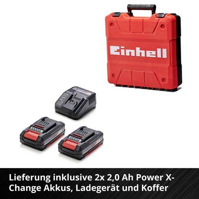 'Einhell' roter Koffer mit Ladegerät und zwei 2,0 Ah Power X-Change Akkus. Text: 'Lieferung inklusive 2x 2,0 Ah Power X-Change Akkus, Ladegerät und Koffer'.