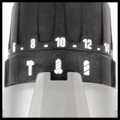 'Nahaufnahme eines Drehmomentrings an einem Elektrowerkzeug, mit Zahlen und Symbolen zum Einstellen der Drehstärke.'