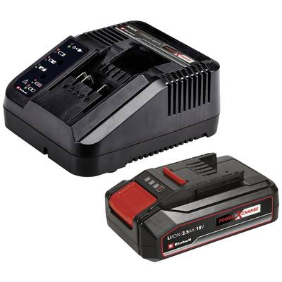 Akkuladegerät und 18V Lithium-Ionen-Akku nebeneinander. Akku ist Teil der Power X-Change-Serie, geeignet für Gerätbetrieb und Aufladung.
