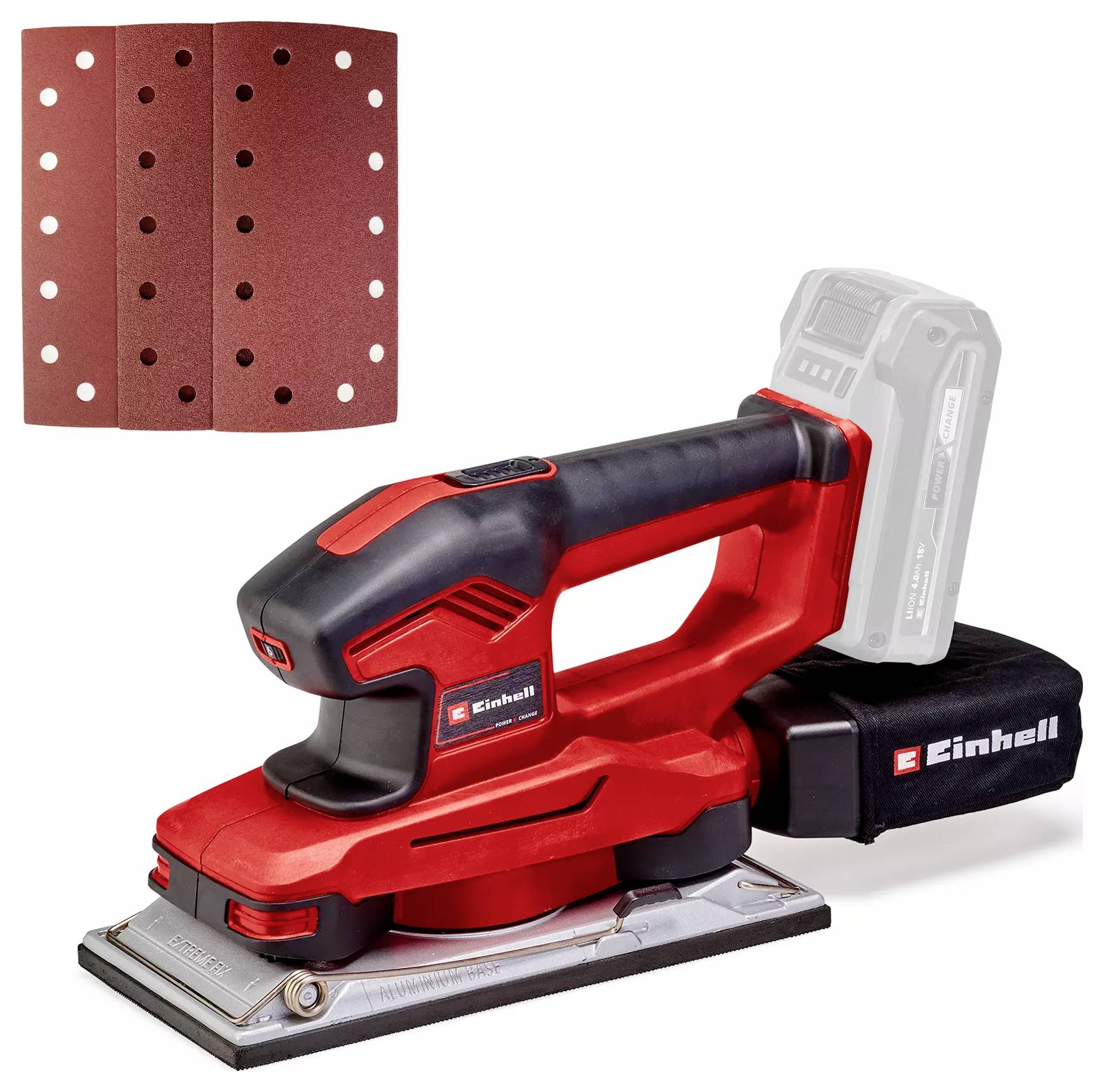 Ein rot-schwarzer Bandschleifer mit angebrachtem Staubbeutel, dargestellt mit einem Blatt Schleifpapier und einem Beispiel-Akku.