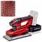 Ein rot-schwarzer Bandschleifer mit angebrachtem Staubbeutel, dargestellt mit einem Blatt Schleifpapier und einem Beispiel-Akku.