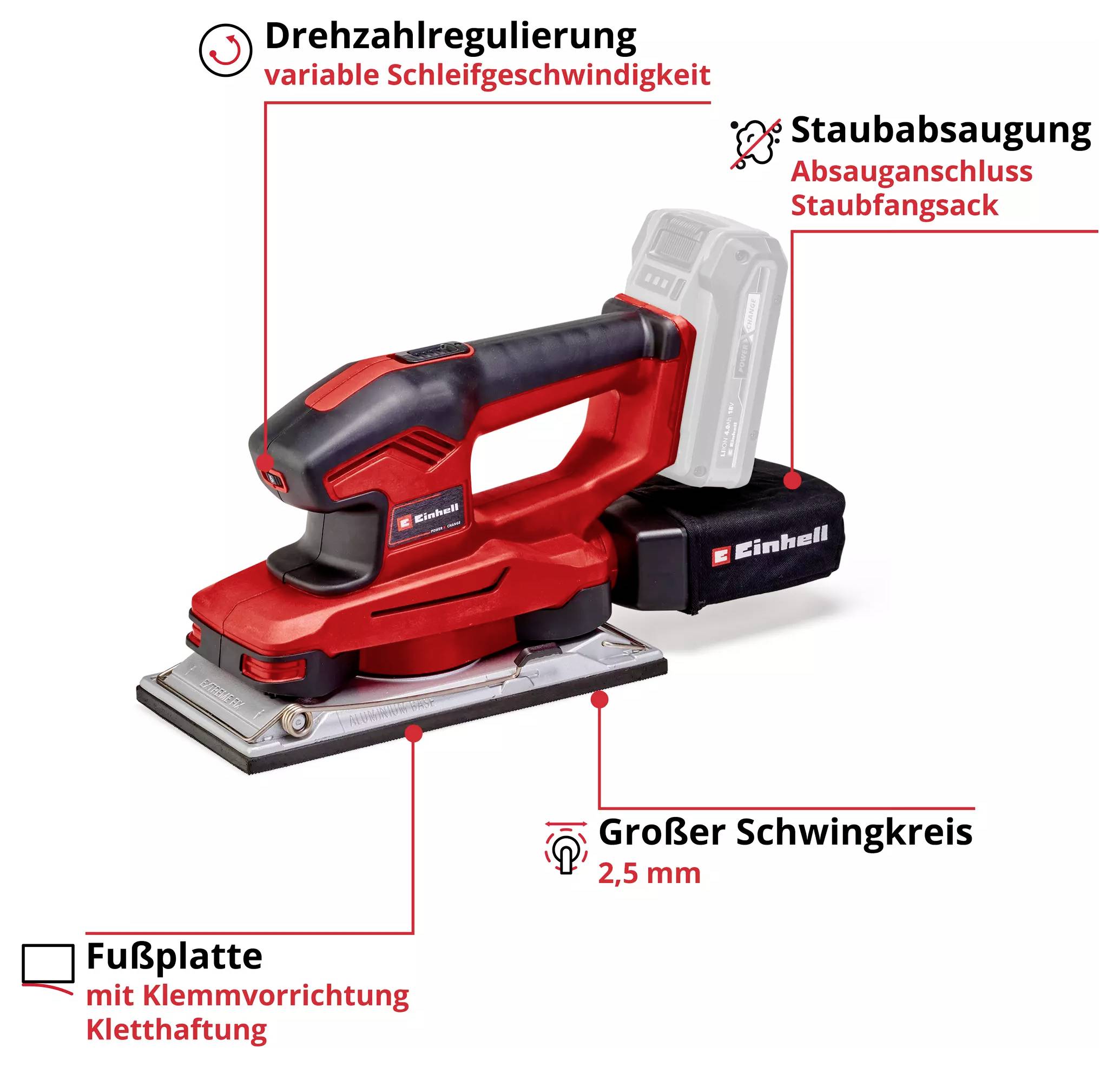 Roter elektrischer Schwingschleifer mit Drehzahlregelung, Staubabsaugung und Klettverschluss-Fußplatte.