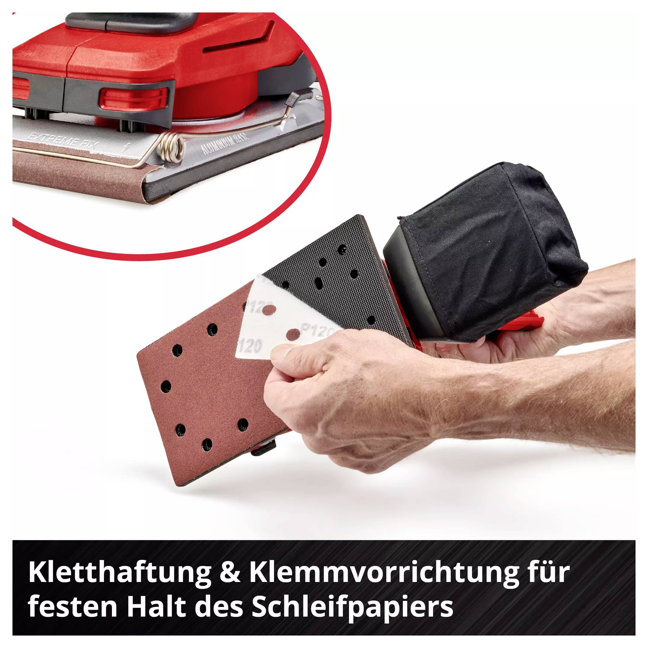Eine Hand hält ein rotes Schleifgerät mit einem schwarzen Beutel. Text: 'Kletthaftung & Klemmvorrichtung für festen Halt des Schleifpapiers'.