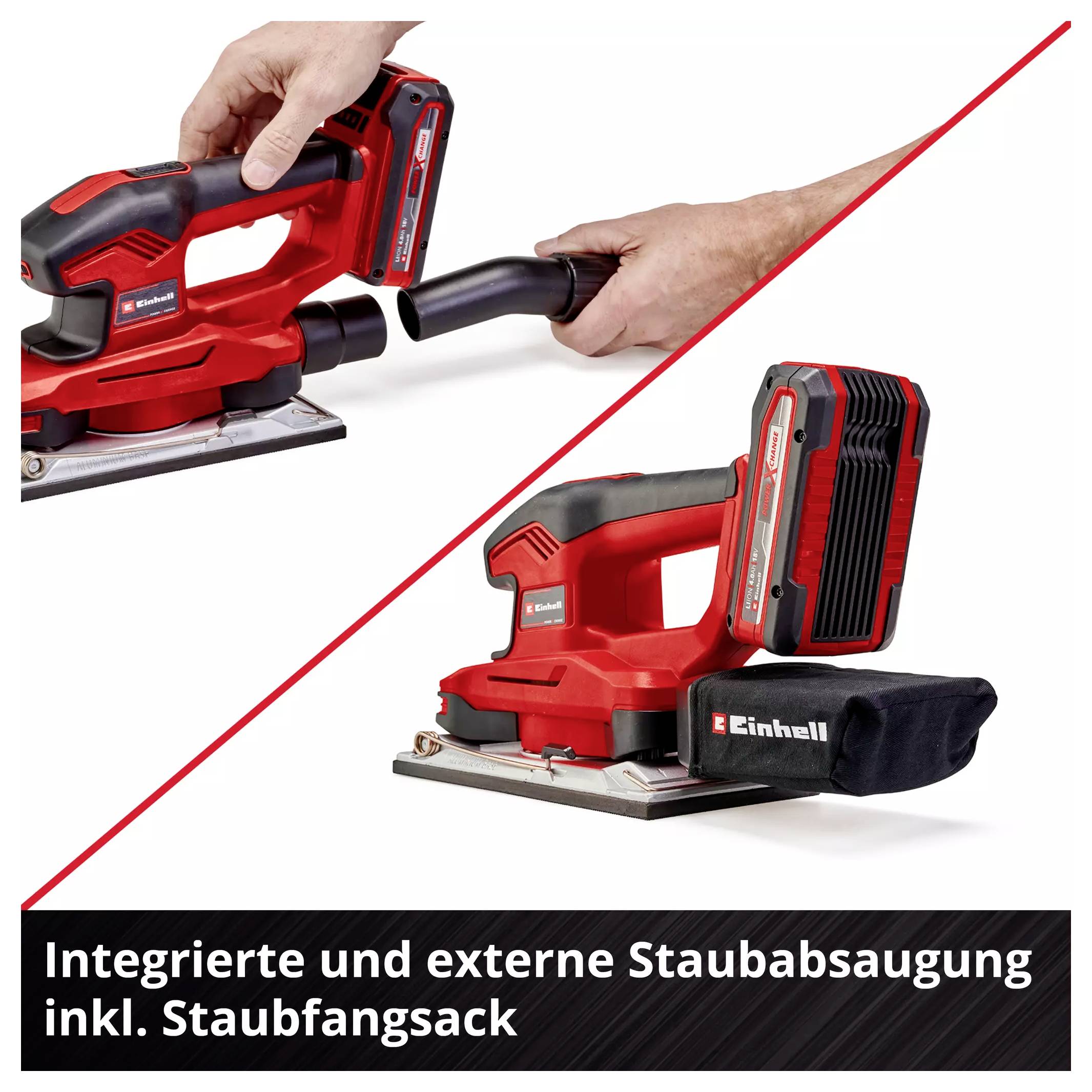 'Zwei Ansichten eines Einhell Schwingschleifers: oben wird ein Staubsaugerrohr angeschlossen, unten mit angebrachtem Staubfangsack.'