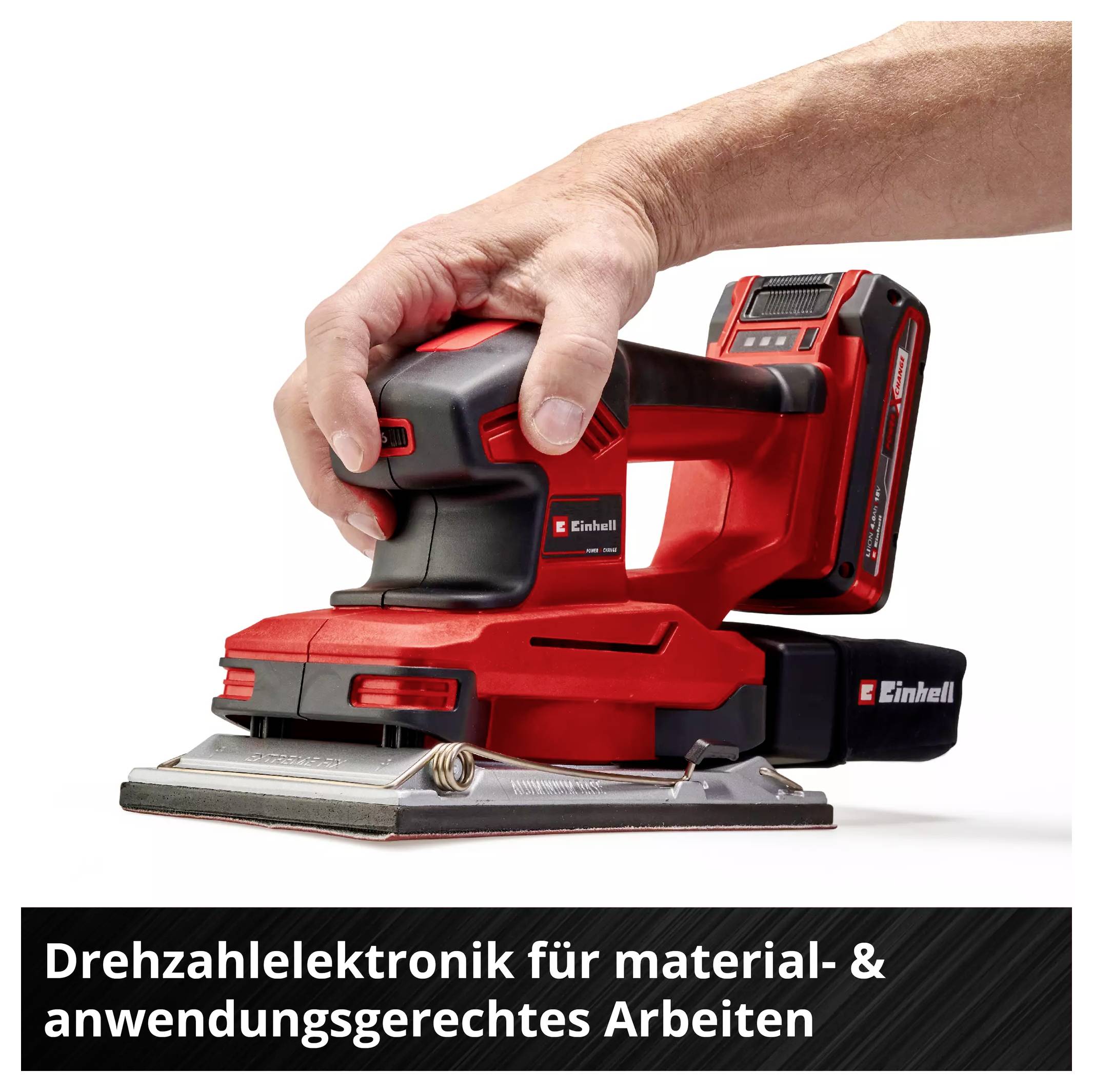 Einhell Akku-Schleifer mit Drehelektronik in rotem Design, wird von einer Hand gehalten. Text: 'Drehzahlelektronik für material- & anwendungsgerechtes Arbeiten'.