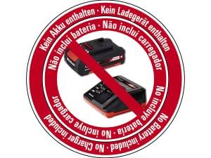 Rotes Verbotssymbol mit durchgestrichenem Ladegerät und Text: 'Kein Akku enthalten - Kein Ladegerät enthalten' in mehreren Sprachen.