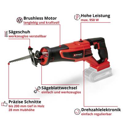 Werbung für eine kabellose Säge: Brushless Motor, hohe Leistung max. 950 W, werkzeuglos verstellbare Sägezahn und -blattwechsel, präzise Schnitte bis 200 mm in Holz und 28 mm Hubhöhe, Drehzahlregelung.