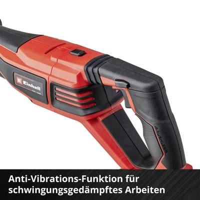 Nahaufnahme eines roten Elektrowerkzeugs mit schwarzem Griff und rotem Schalter. Beschriftet mit 'Anti-Vibrations-Funktion für schwingungsgedämpftes Arbeiten'.