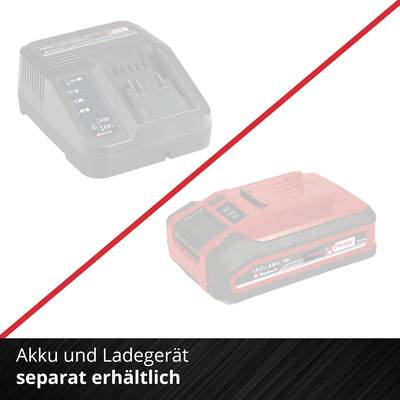 'Akku und Ladegerät separat erhältlich.' Eine Grafik zeigt Akku und Ladegerät, diagonal getrennt, mit Schriftzug unten auf schwarzem Hintergrund.