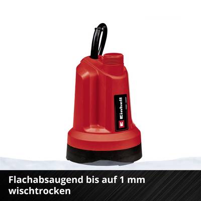 Rote Pumpe mit schwarzem Sockel, gekennzeichnet mit 'Einhell'. Text: 'Flachabsaugend bis auf 1 mm wischtrocken'.
