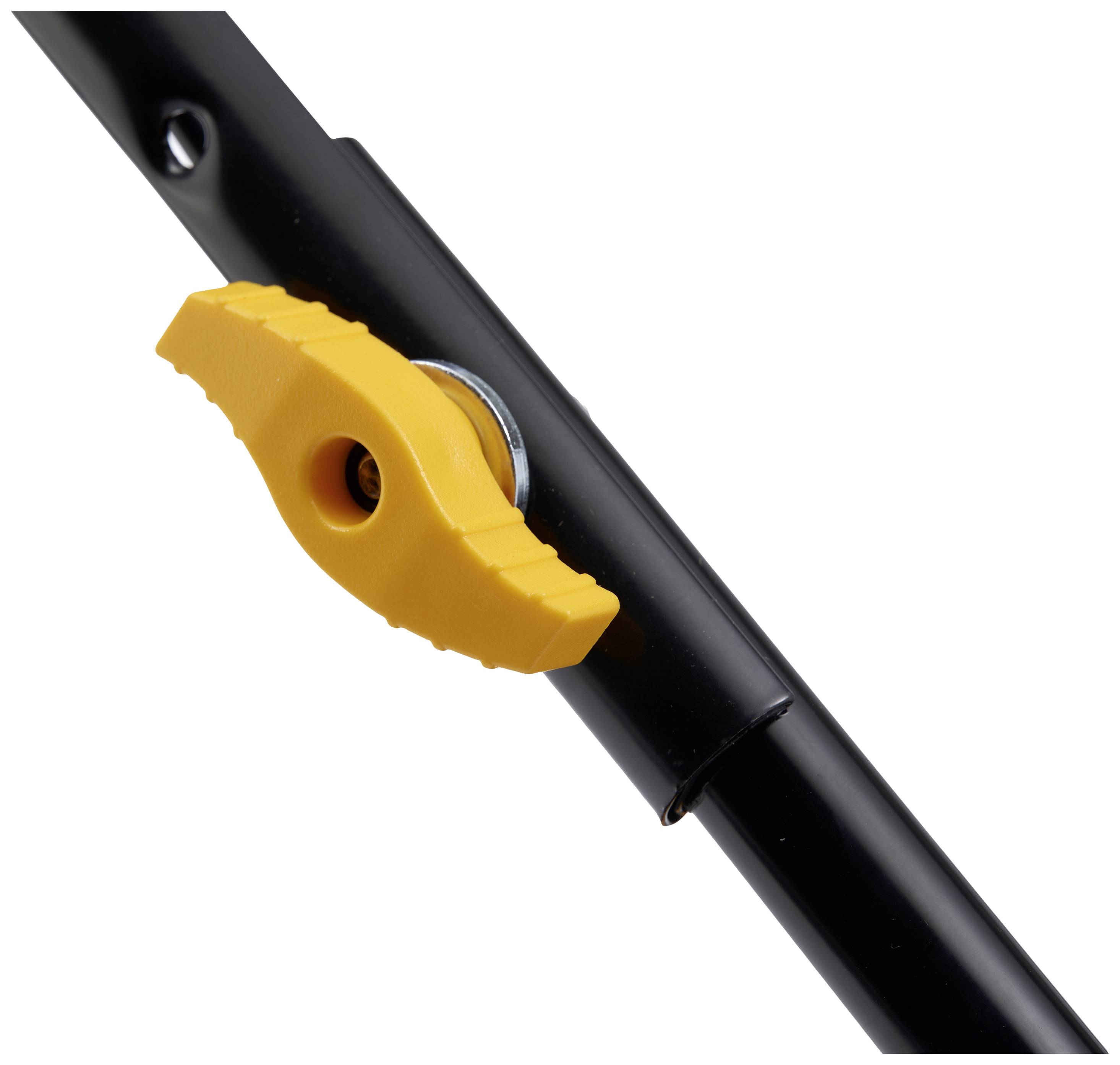 Ein schwarzes Metallrohr mit einem gelben, gezahnten Riegel, der als Verriegelungsmechanismus dient.