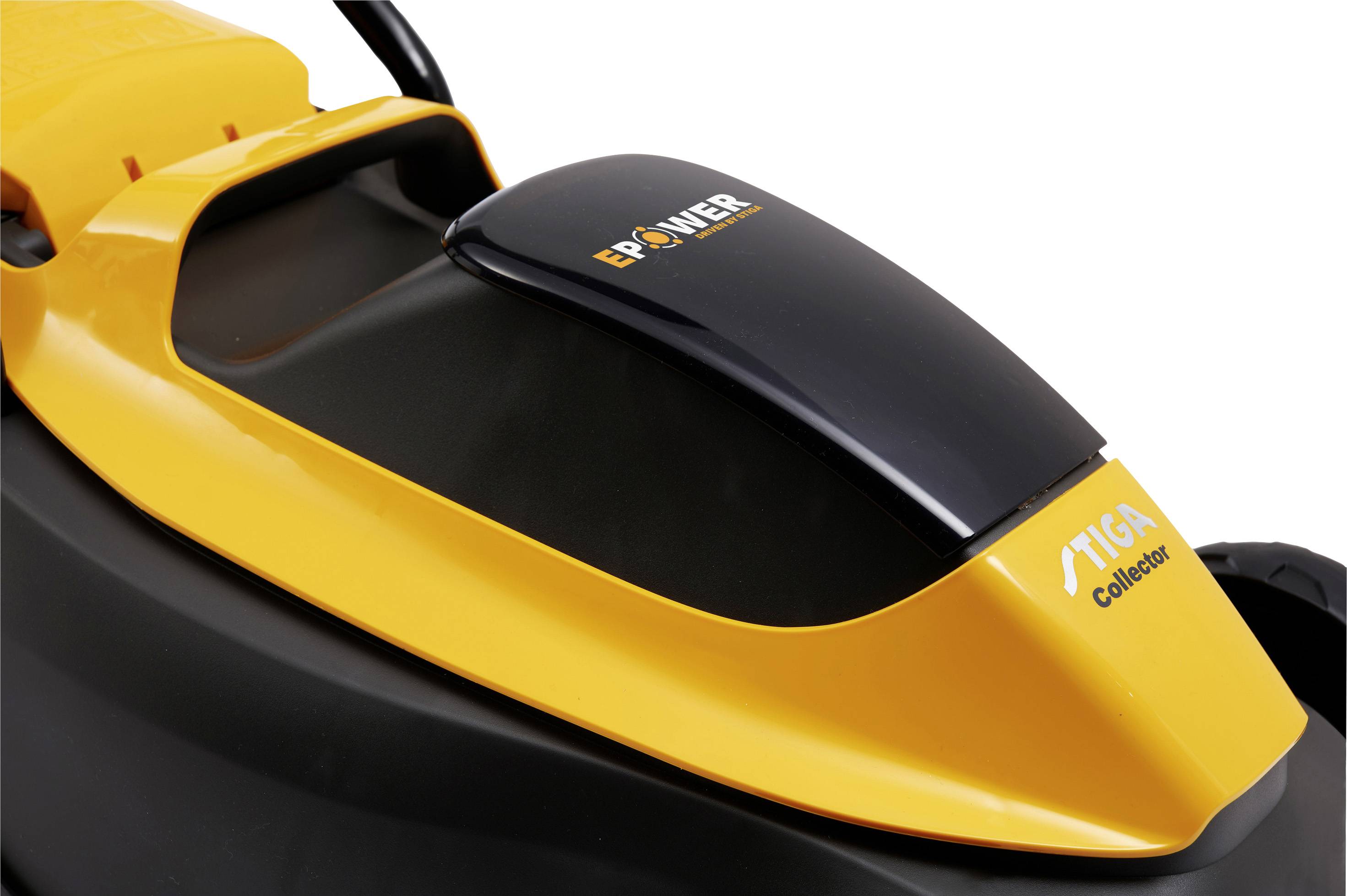 Ein gelber und schwarzer Rasenmäher mit der Aufschrift 'STIGA Collector' auf der Oberseite.