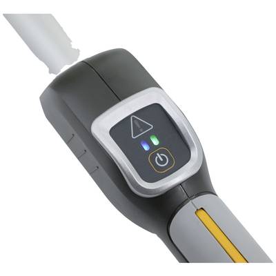 Ein elektrisches Gerät mit einem Bedienfeld: zeigt drei Symbole, darunter ein Dreieck mit Ausrufezeichen, ein blaues Signal und eine Ein-/Aus-Taste.