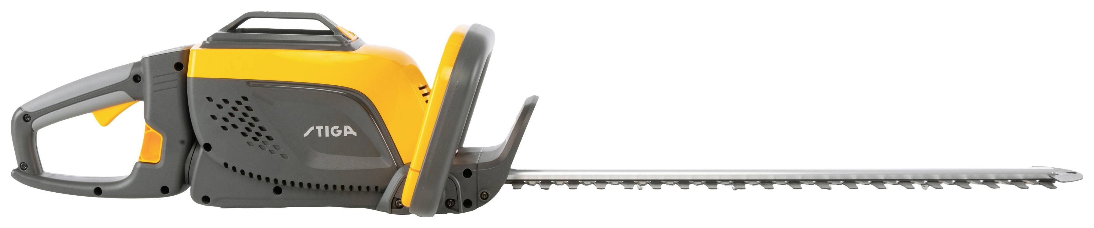Akkubetriebene Heckenschere mit langem Schneidmesser, ergonomischem Griff und orange-grauen Akzenten. Geeignet für Gartenarbeiten.