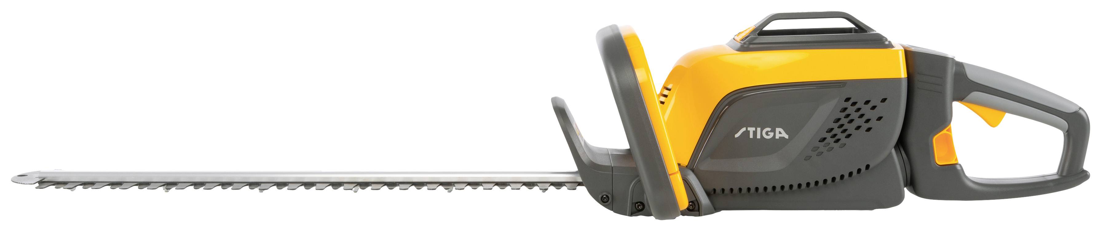 Elektrische Heckenschere mit gelbem und grauem Gehäuse, langem Klingenbalken und ergonomischem Griff. Ideal zum Beschneiden von Hecken.