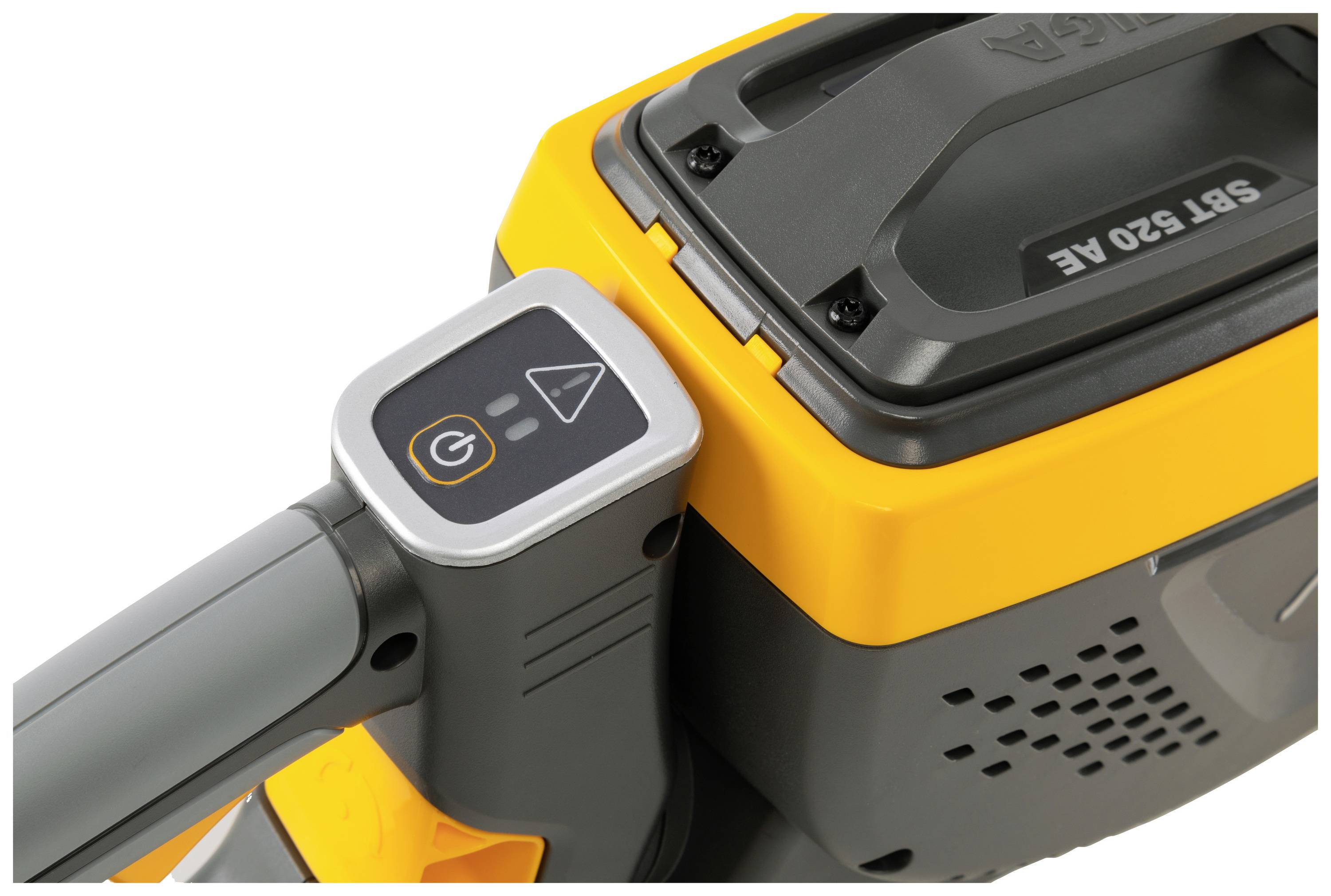 Nahaufnahme eines elektrischen Gartengeräts mit Power-Taste und Akku-Slot, gelbe und schwarze Farbakzente.