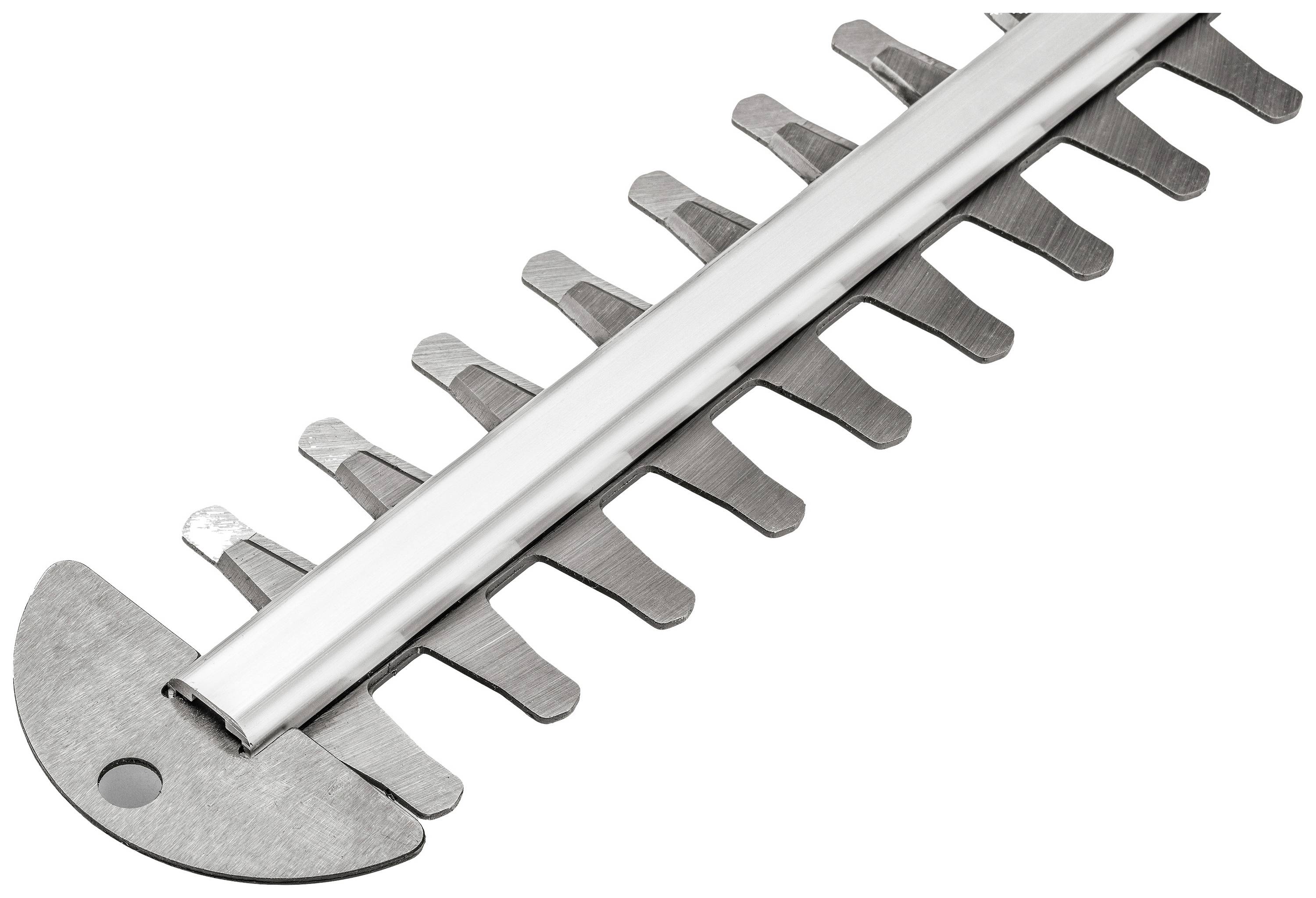 Nahaufnahme eines Metallsägeblatts mit abwechselnd angeordneten Zähnen, passend für eine Heckenschere.