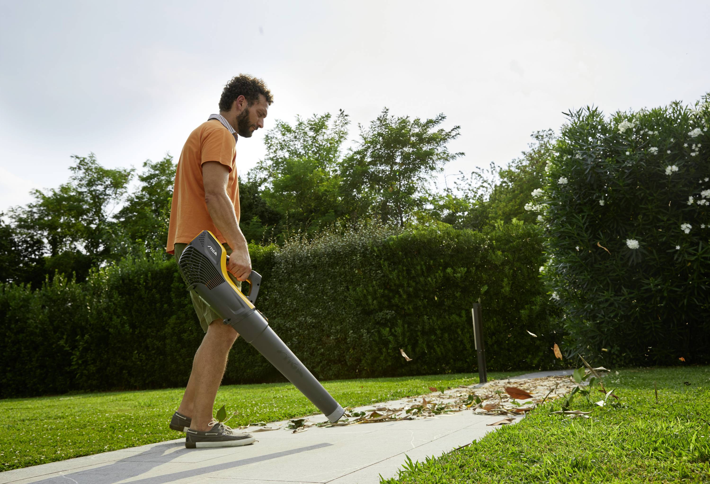 Ein Mann mit Bart entfernt mit einem Laubbläser Blätter von einem Gehweg. Im Hintergrund sind Bäume und Büsche zu sehen.