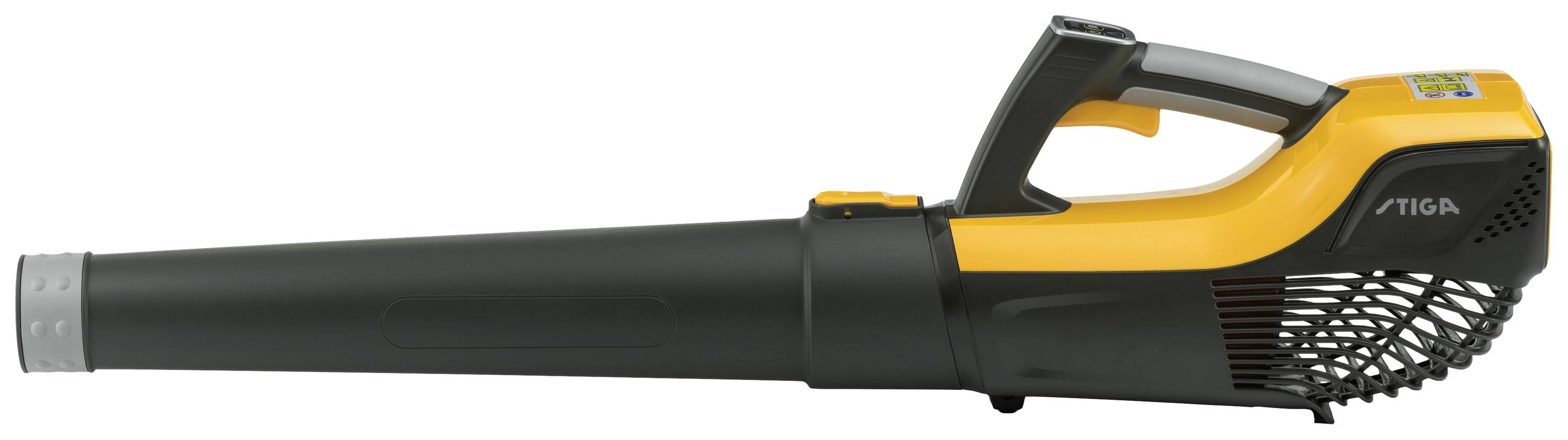 Akku-Laubbläser in Seitenansicht, schwarz-gelber Körper, ergonomischer Griff, geeignet zum Entfernen von Blättern im Garten.