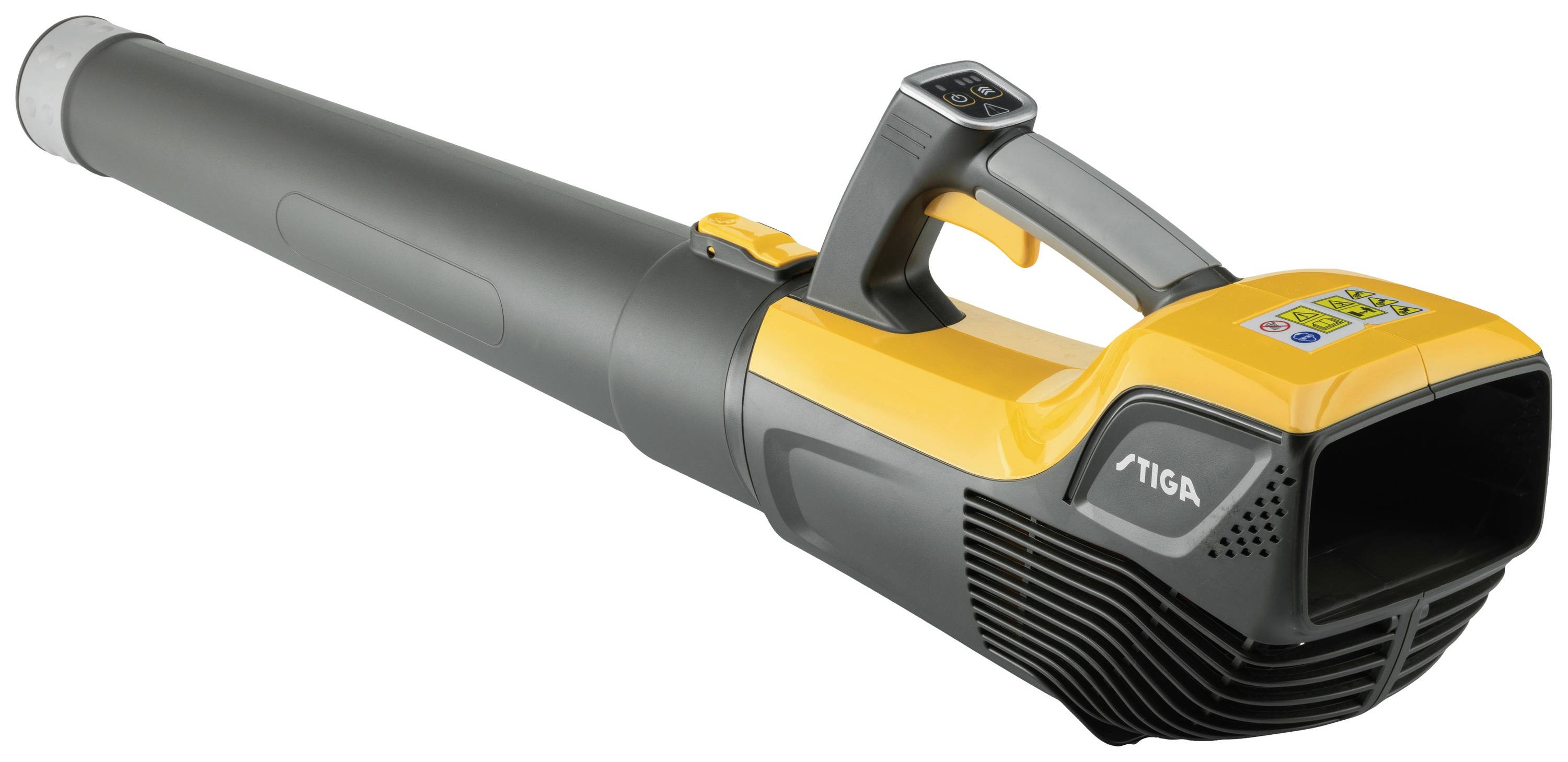 Akku-Laubbläser mit gelb-schwarzer Farbgebung, langer Düse und ergonomischem Griff.