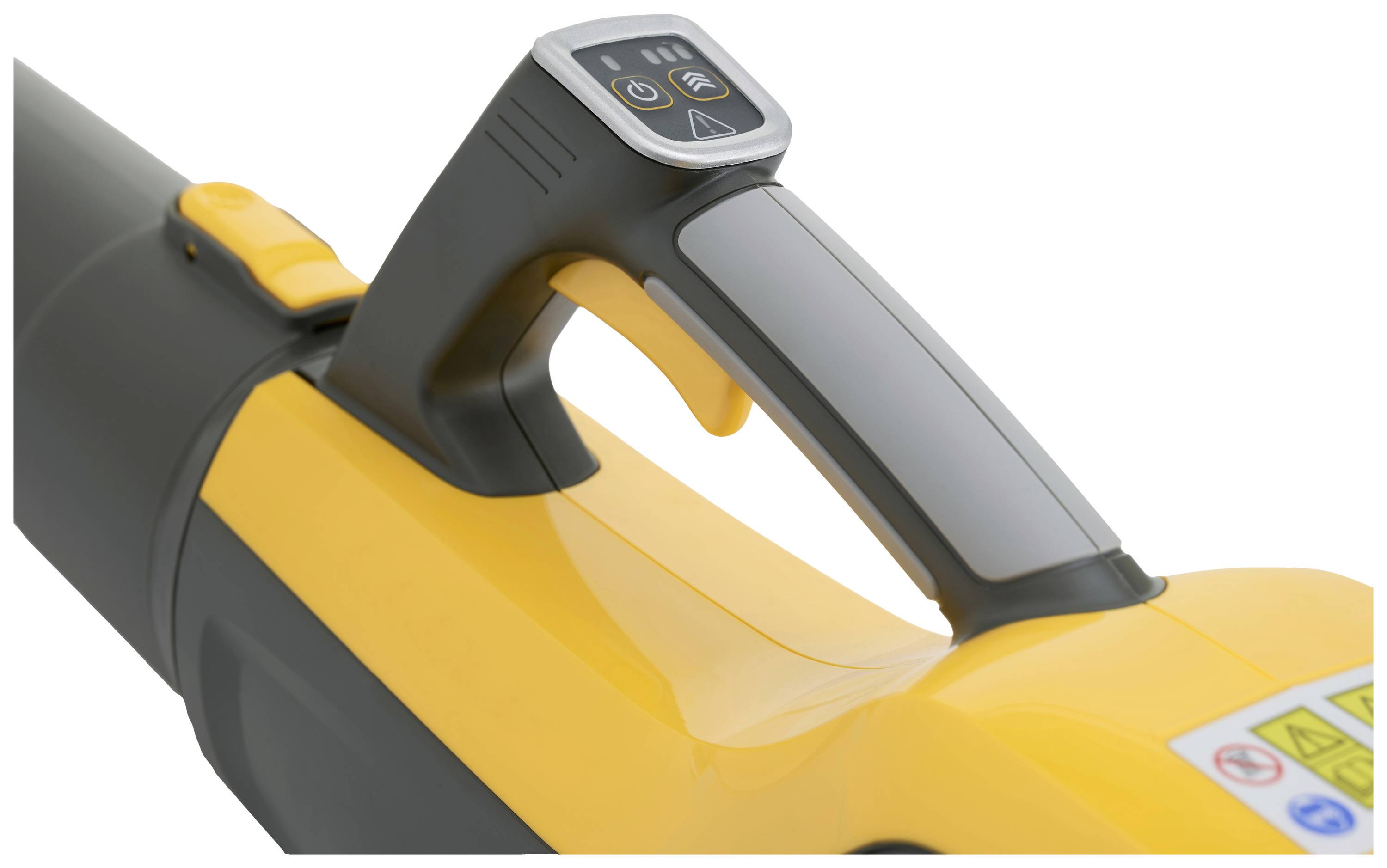 Ein gelbes und graues Elektrowerkzeug mit ergonomischem Griff und Bedienfeld auf der Oberseite, möglicherweise ein Laubbläser.