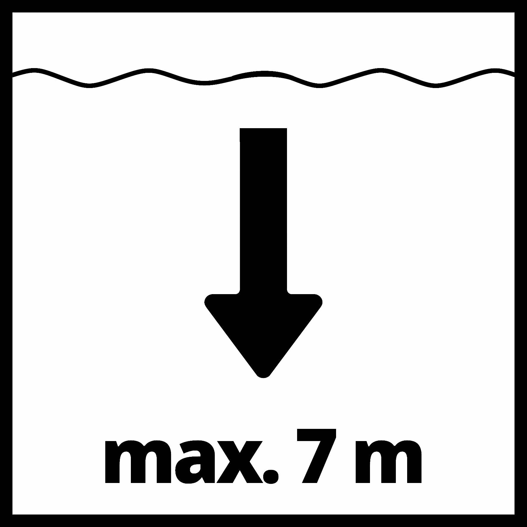 Piktogramm mit Pfeil nach unten unter Wasserlinie und Text 'max. 7 m', kennzeichnet maximale Tauchtiefe.