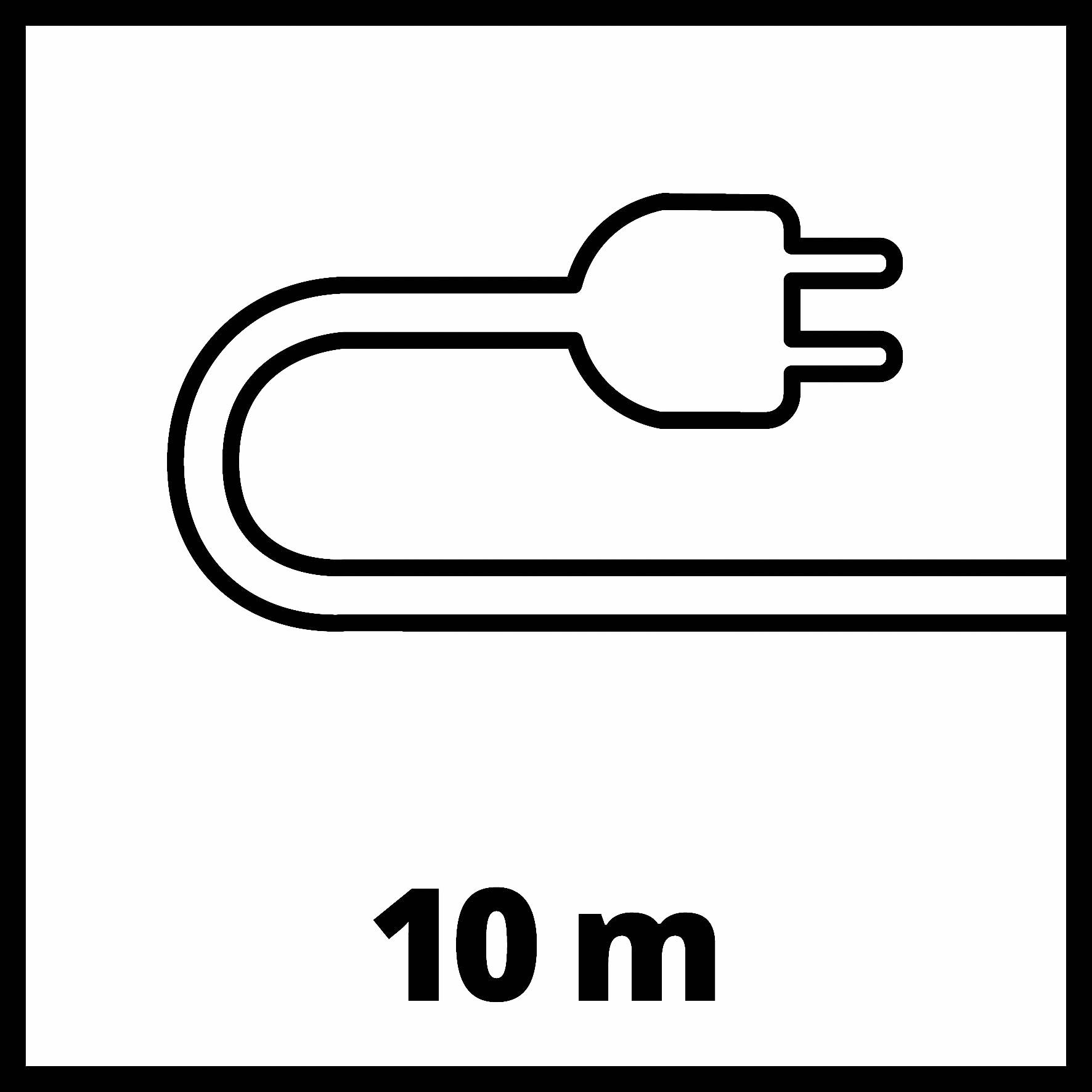 Symbol eines Kabels mit einem Stecker, begleitet von der Angabe '10 m', was die Kabellänge darstellt.
