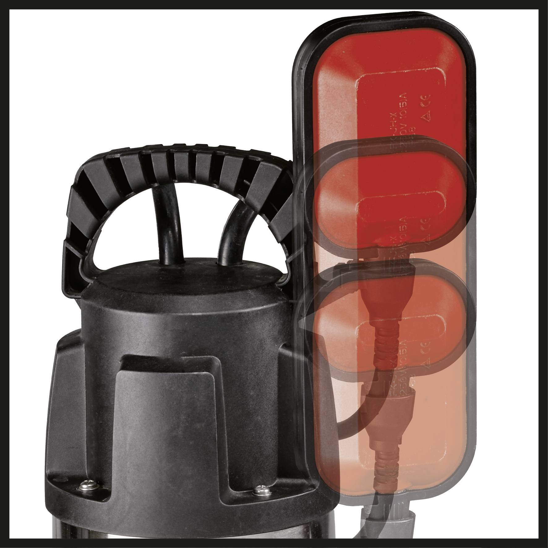 'Schwarze Wasserpumpe mit rotem Elektrokasten und Griff.'